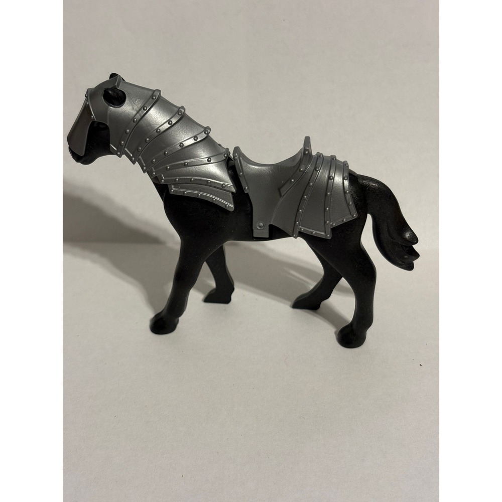 Playmobil Black Knight Horse with Silver Armor Barding and Saddle Medieval Toy
